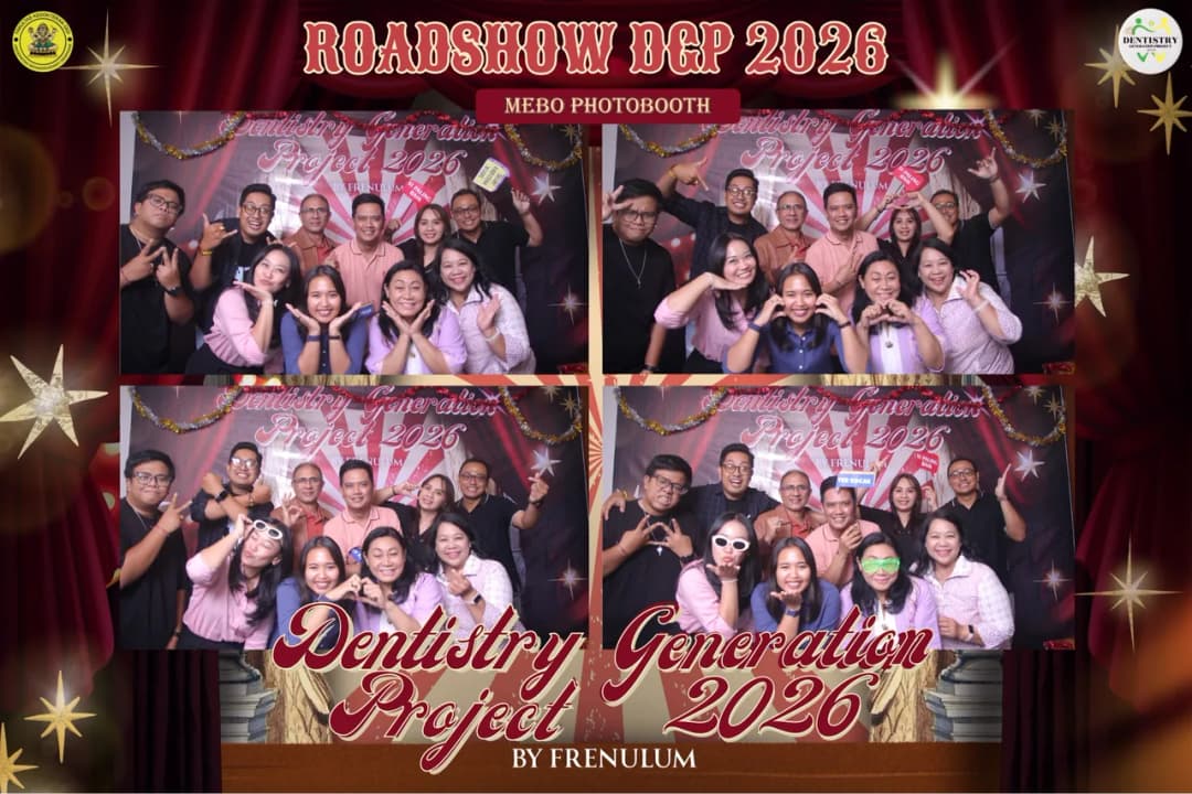 Cetakan Roadshow Dentistry Generation Project 2026: empat foto mahasiswa dalam satu template mendatar berlatar tirai merah