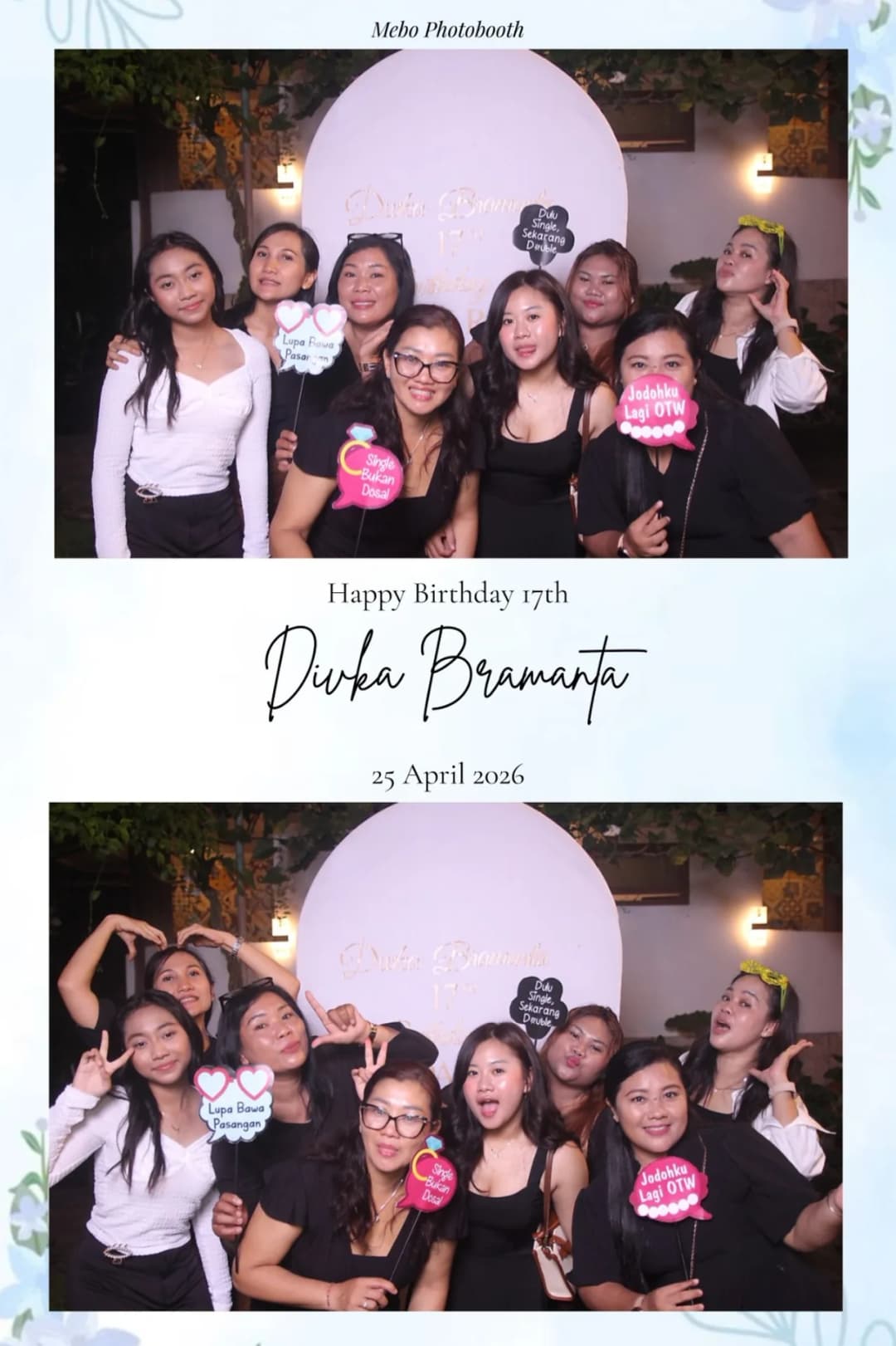 Cetakan ulang tahun ke-17 Divka Bramanta: satu grup teman berpose di depan backdrop lengkung putih